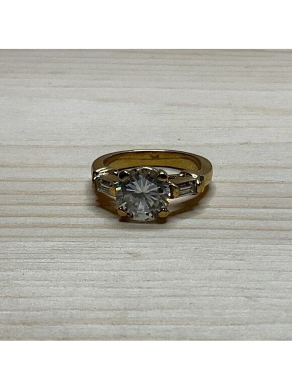 Vintage Gold Round Brilliant Cut Diamond Baguette Three Stone Ring